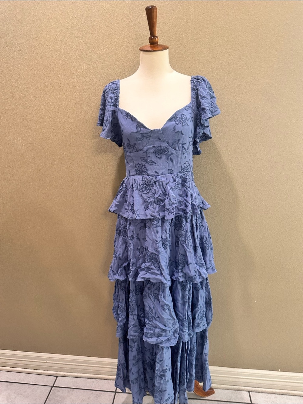 Altar'd State Dusty Blue Floral Tiered Maxi Dress Roxanne Layered Maxi Dress M - Picture 3 of 11